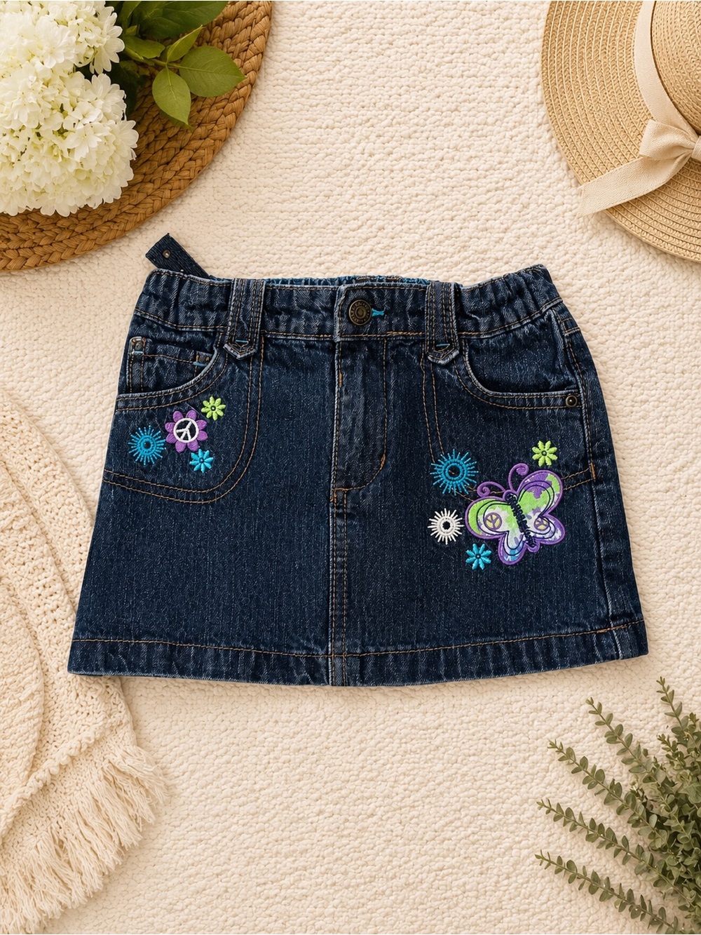 Healthtex Girls Denim Butterfly Embroidered Skirt Size 5T Dark Wash Jean Skirt
